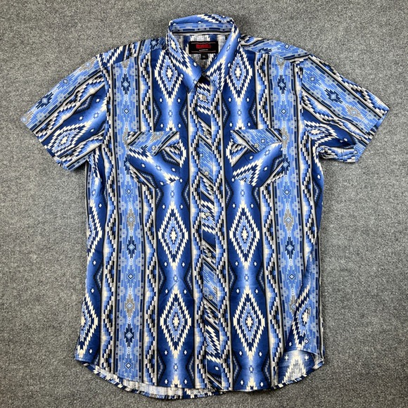 Rock and Roll Denim Shirt Mens XL Blue Aztec Pearl Snap Western Short Sleeve - Picture 1 of 9